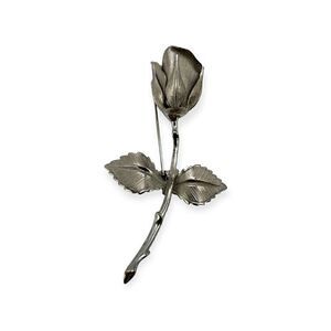 Vintage brooch costume silver colored long stem rose